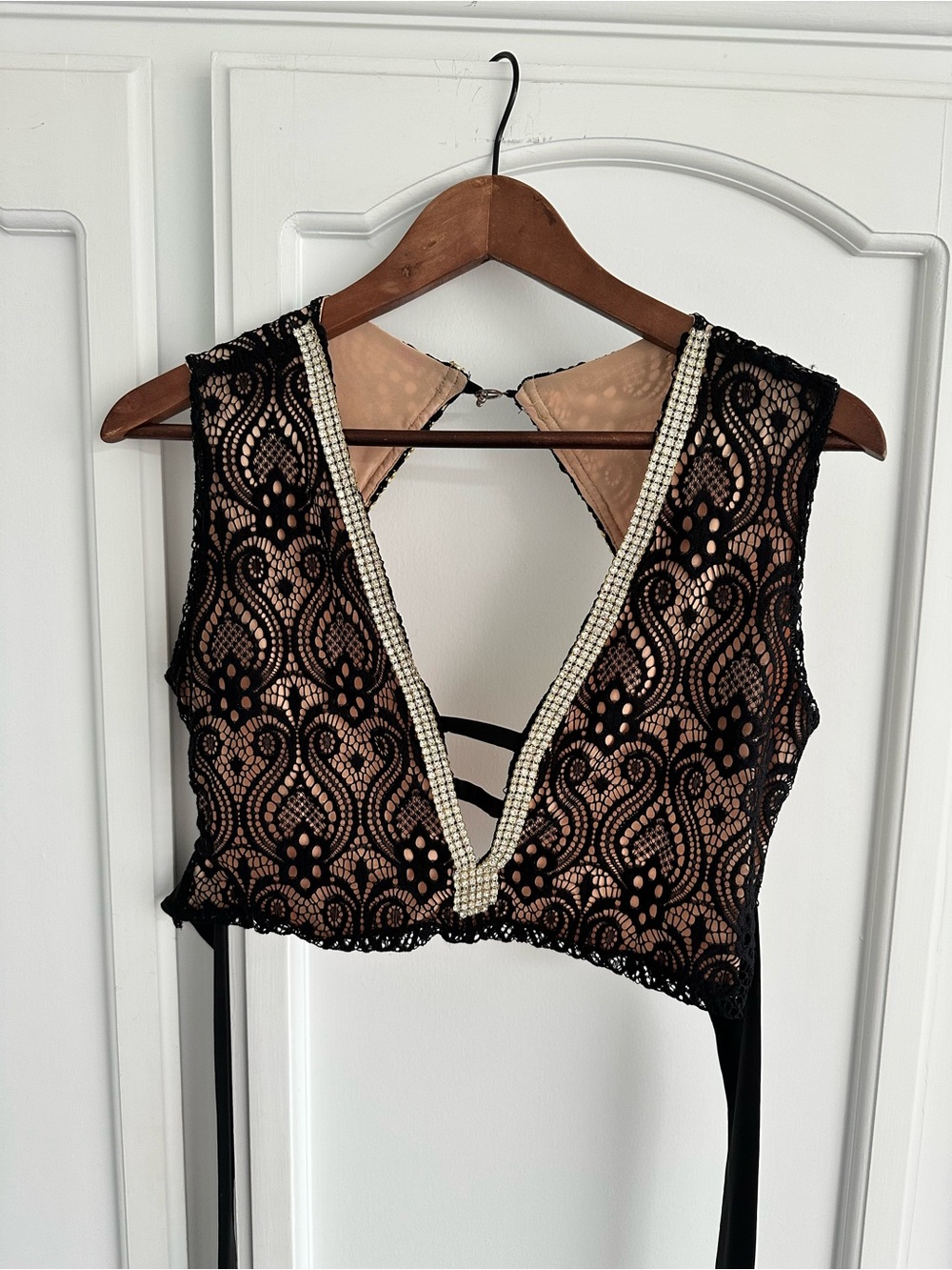 Salvage Black Lace Crop Top with Nude Lining and Pearl Trim